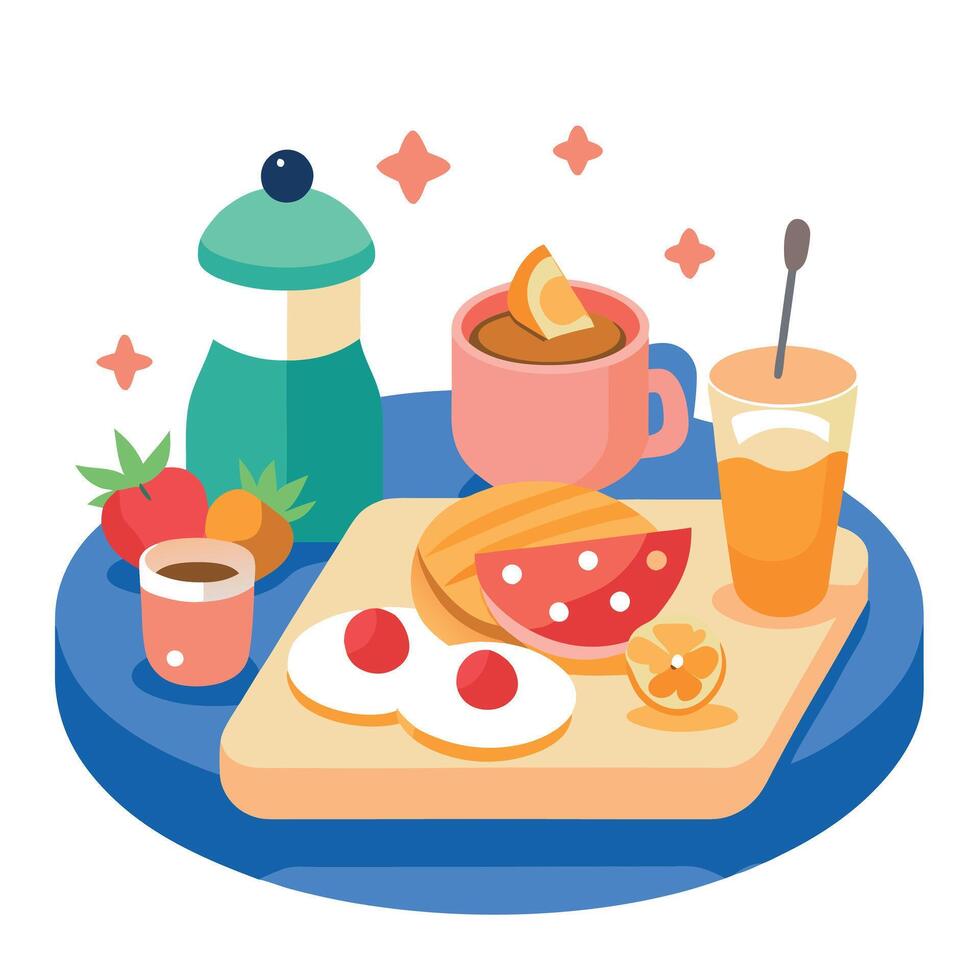 A delicious breakfast spread with coffee on a cozy bed vector