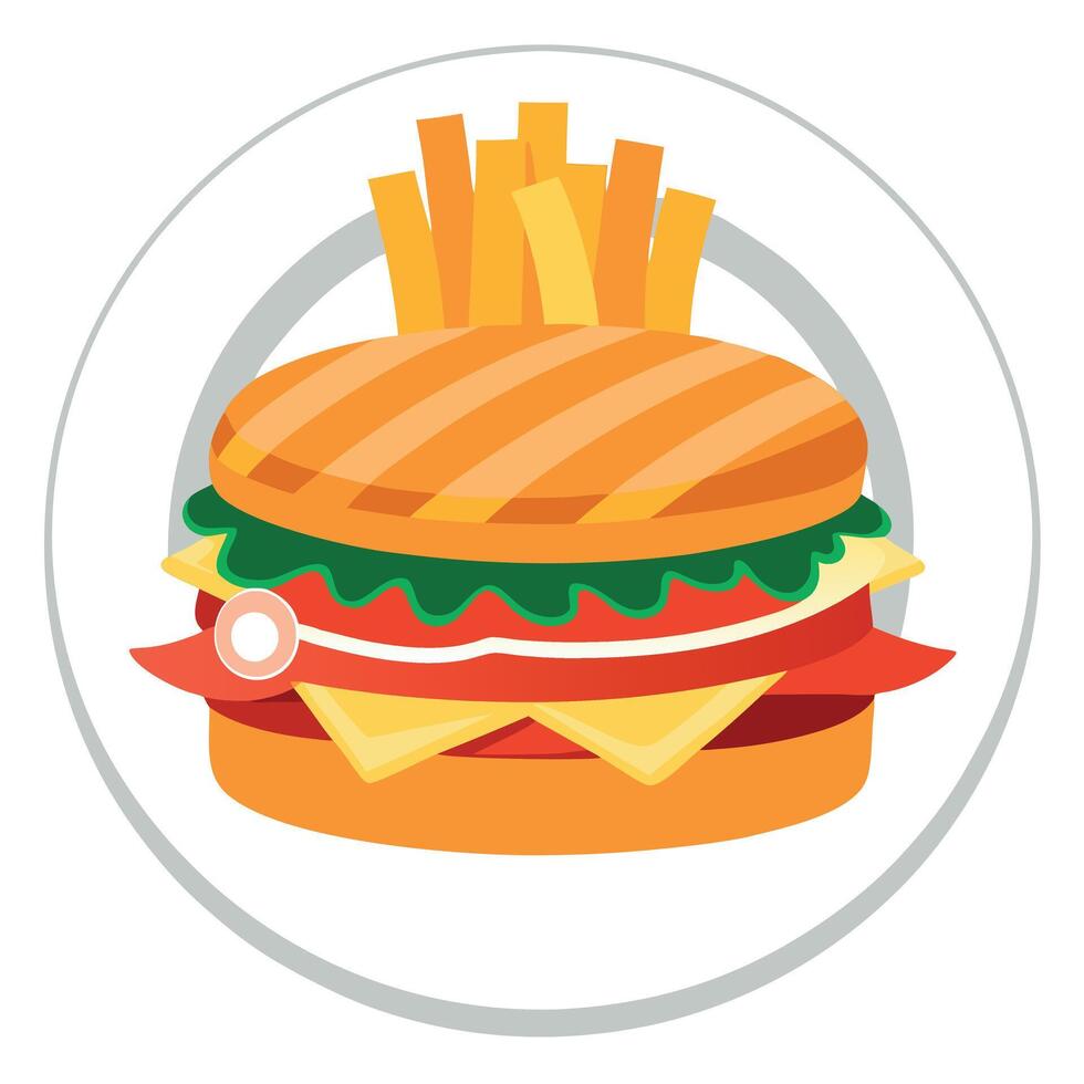 Delicious Cheeseburger With Bacon and Fries on a White Plate vector