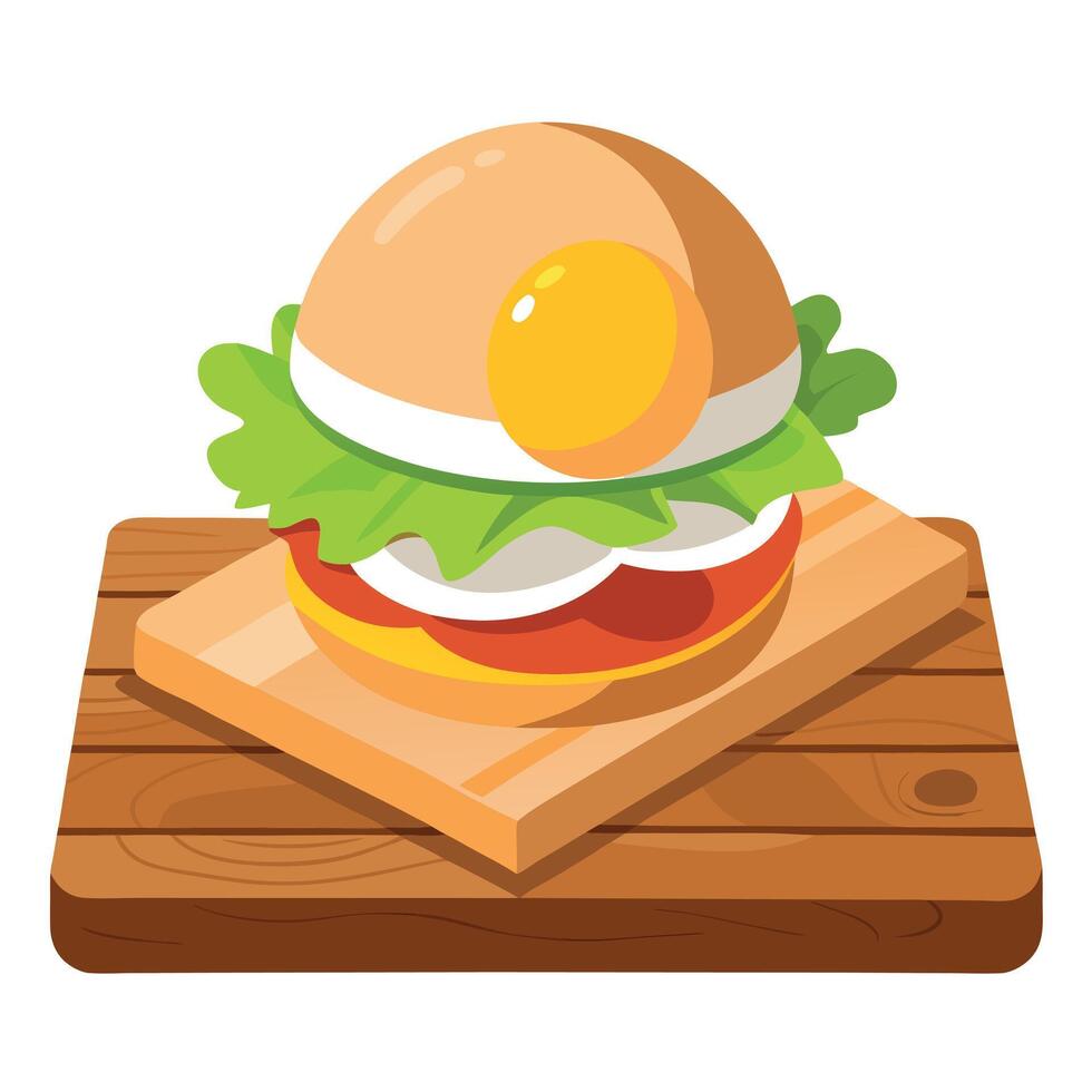 A burger with a fried egg and greens on a wooden board vector