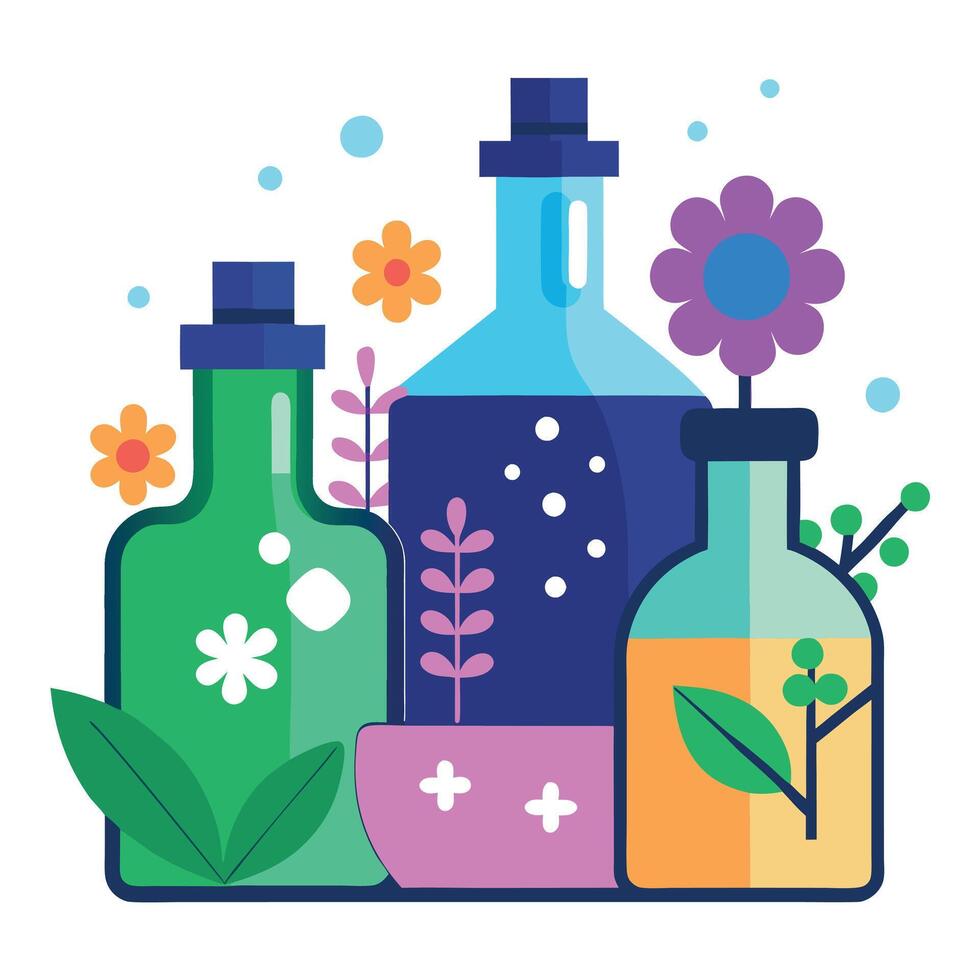A group of bottles with liquid and flowers vector
