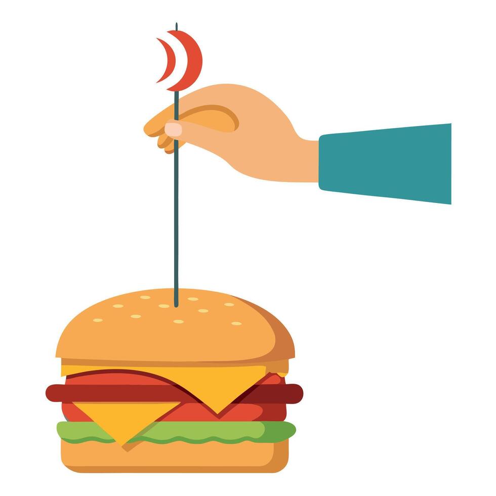 Hand fastening a tall bacon cheeseburger with a toothpick vector