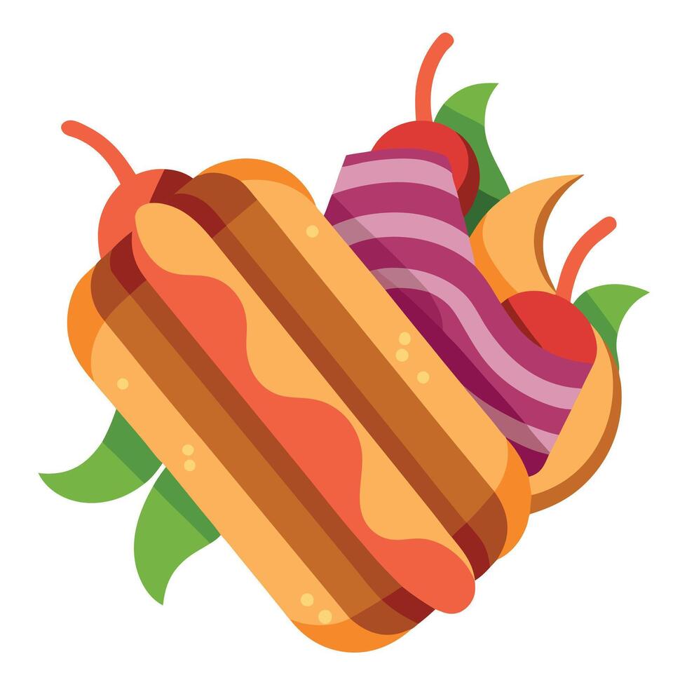 Bacon-wrapped hot dogs with onions and peppers made at home. vector