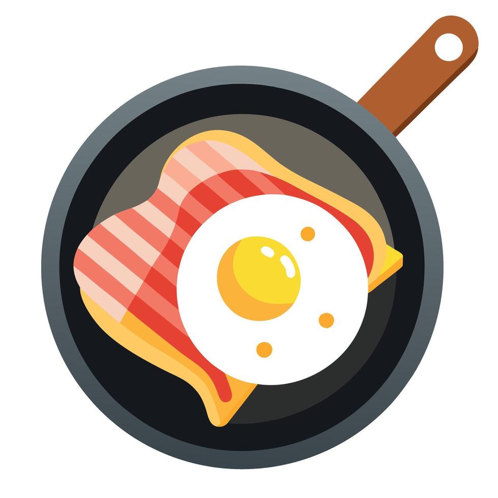 Fried Egg with Bacon and Corn in a Cast Iron Pan vector