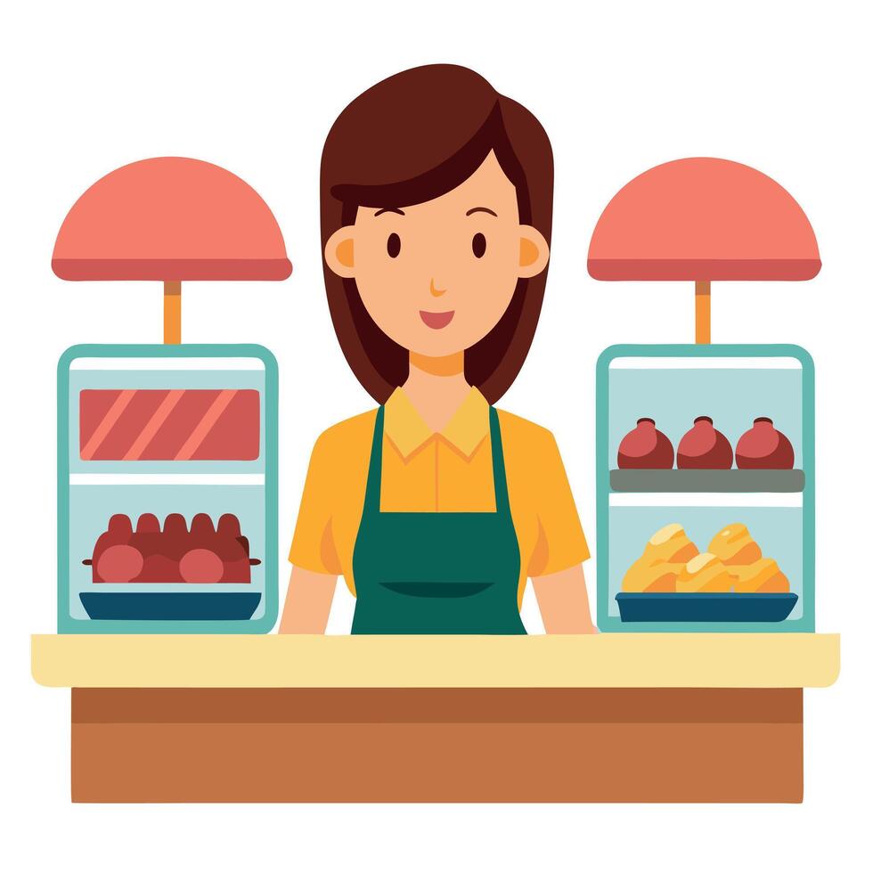 Female meat seller at the meat counter in the supermarket vector