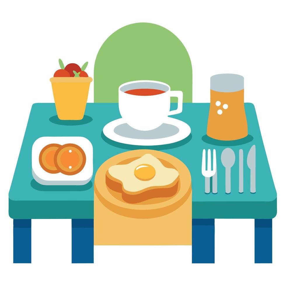 A table set for breakfast with eggs. toast. and orange juice vector