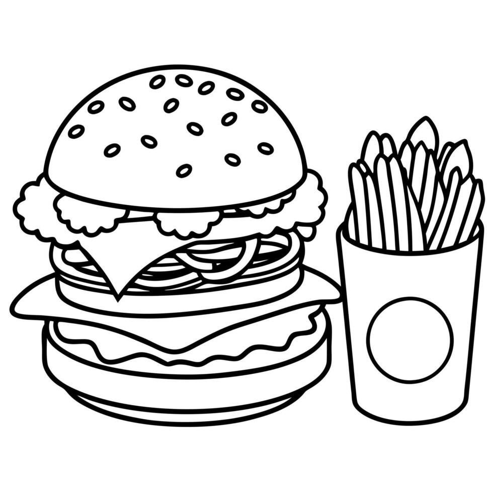Gourmet burger with fried egg. sesame seed bun. beef patty. lettuce. french fries. side sauces. whit vector