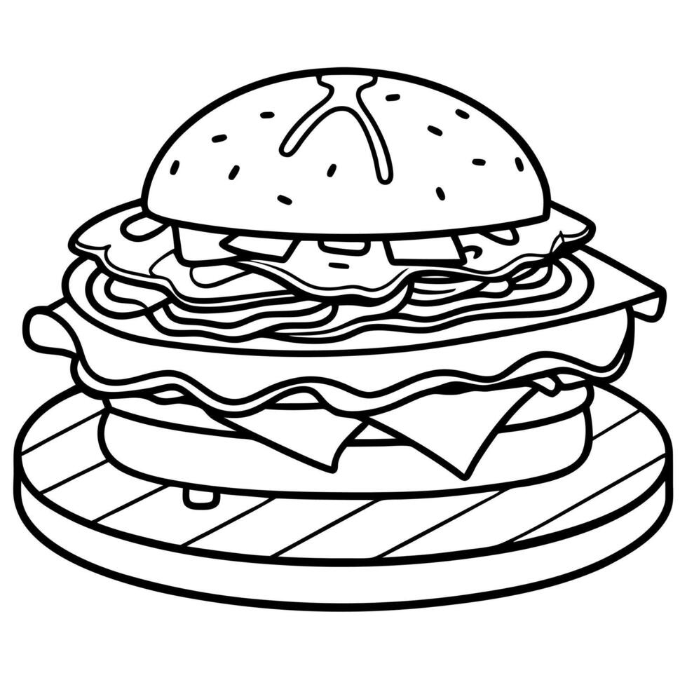 Delicious homemade beef burger with bacon and vegetables on wood serving board. image vector