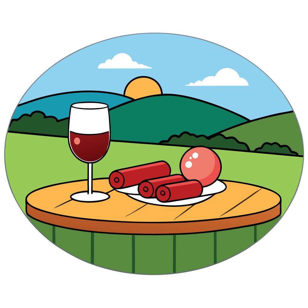 A red sausage and cheese platter with wine glasses on a picnic table. set against a scenic countrysi vector