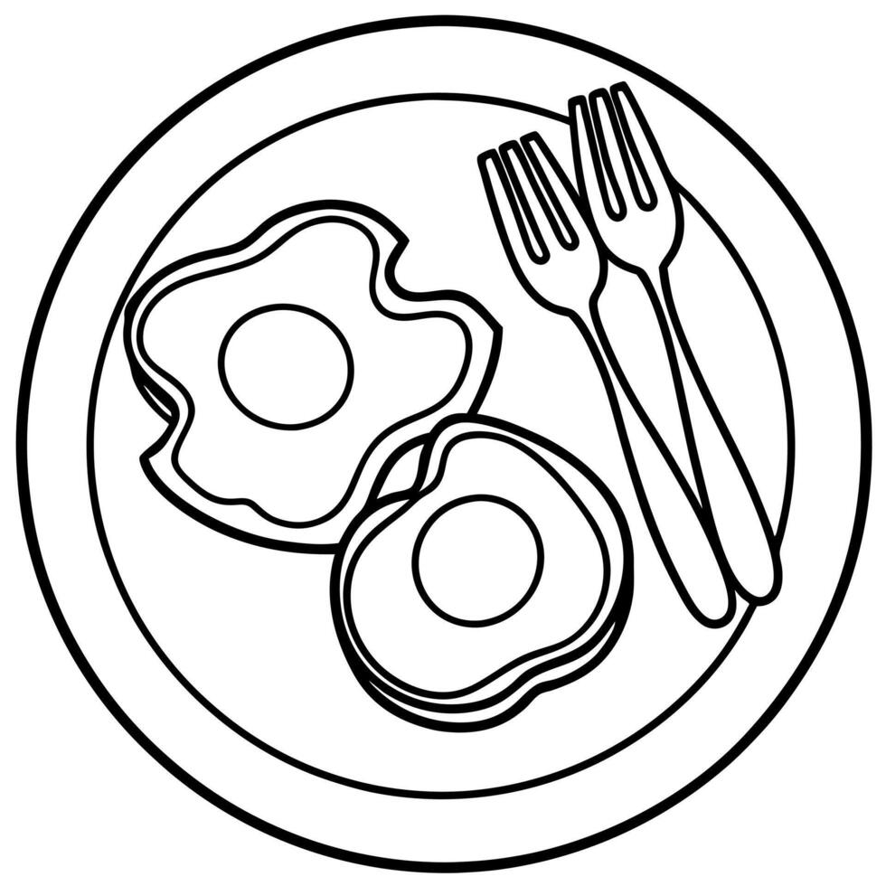 A pink plate on A white tablecloth with cutlery. Two fried eggs and bacon. vector