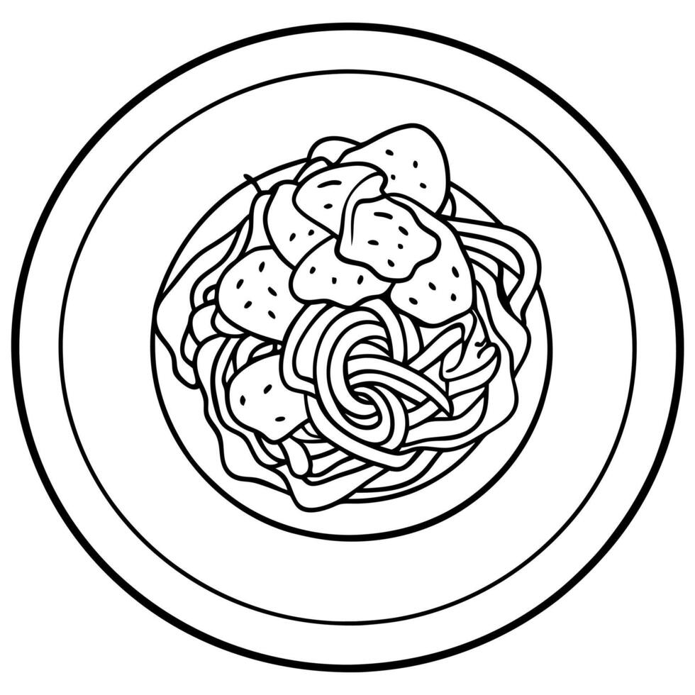 Creamy-cheese-mushroom sauce on spagetti in in the middle A white plate with. top view vector