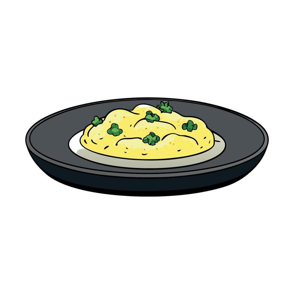 Freshly cooked hot scrambled eggs sprinkled with herbs on a plate on a dark stone table background. vector