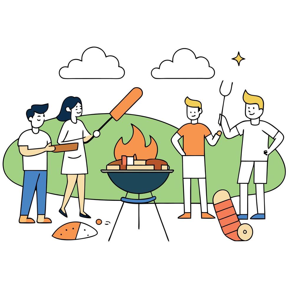 Barbecue party with people in the background. grilled ribs. bacon and pork meat. grilled meat. fire. vector