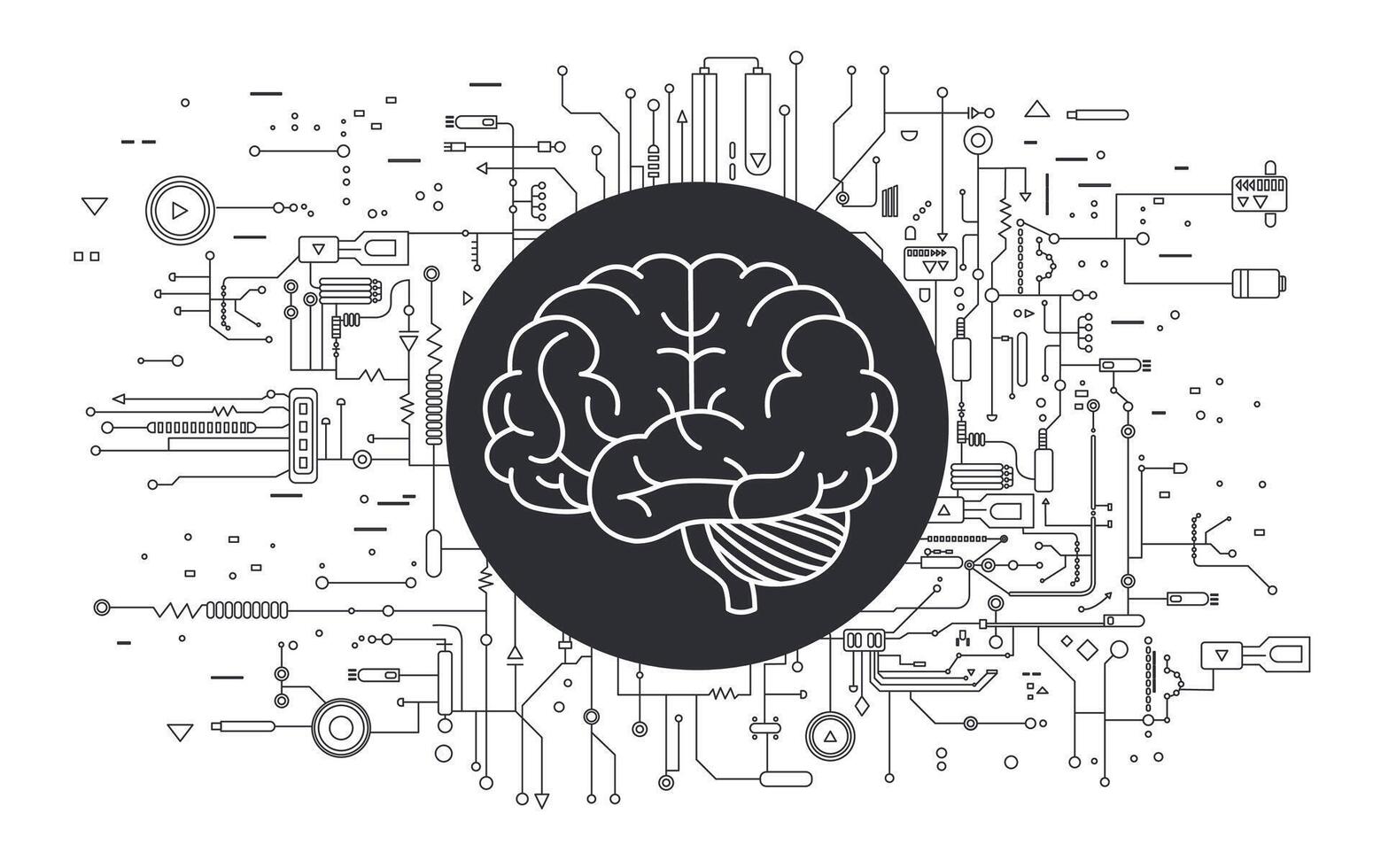 Artificial intelligence brain. Concept of Artificial Intelligence AI. Electronic digital brain, circuit board and human brain outline. vector