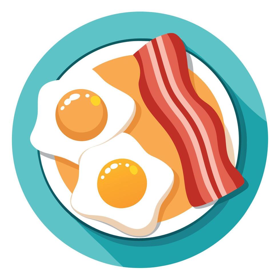 Classic breakfast with sunny-side-up eggs and crispy bacon on a white plate vector