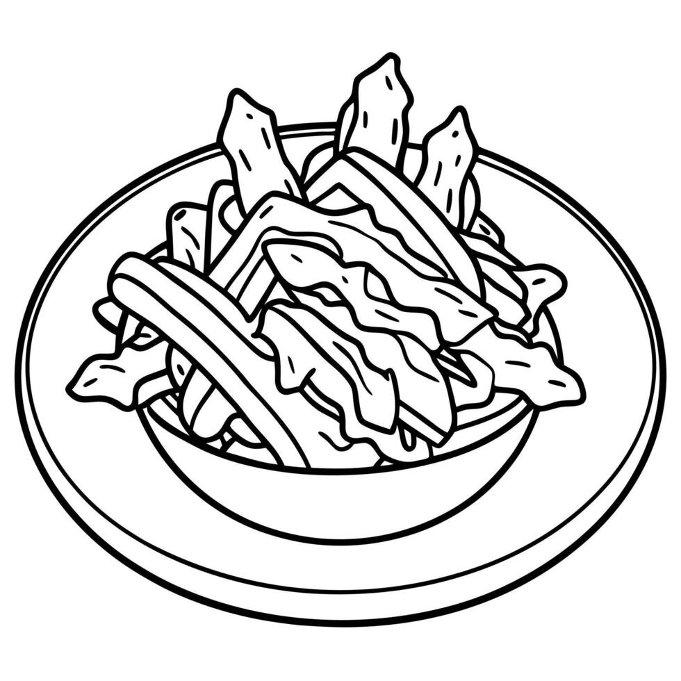 A tempting plate of loaded sweet potato fries. topped with melted cheese. crispy bacon. and a drizzl vector