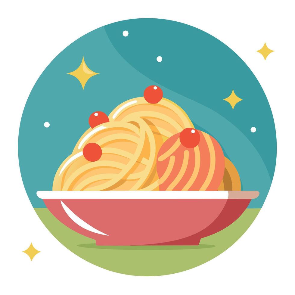 Pasta with cherry on top in bowl vector