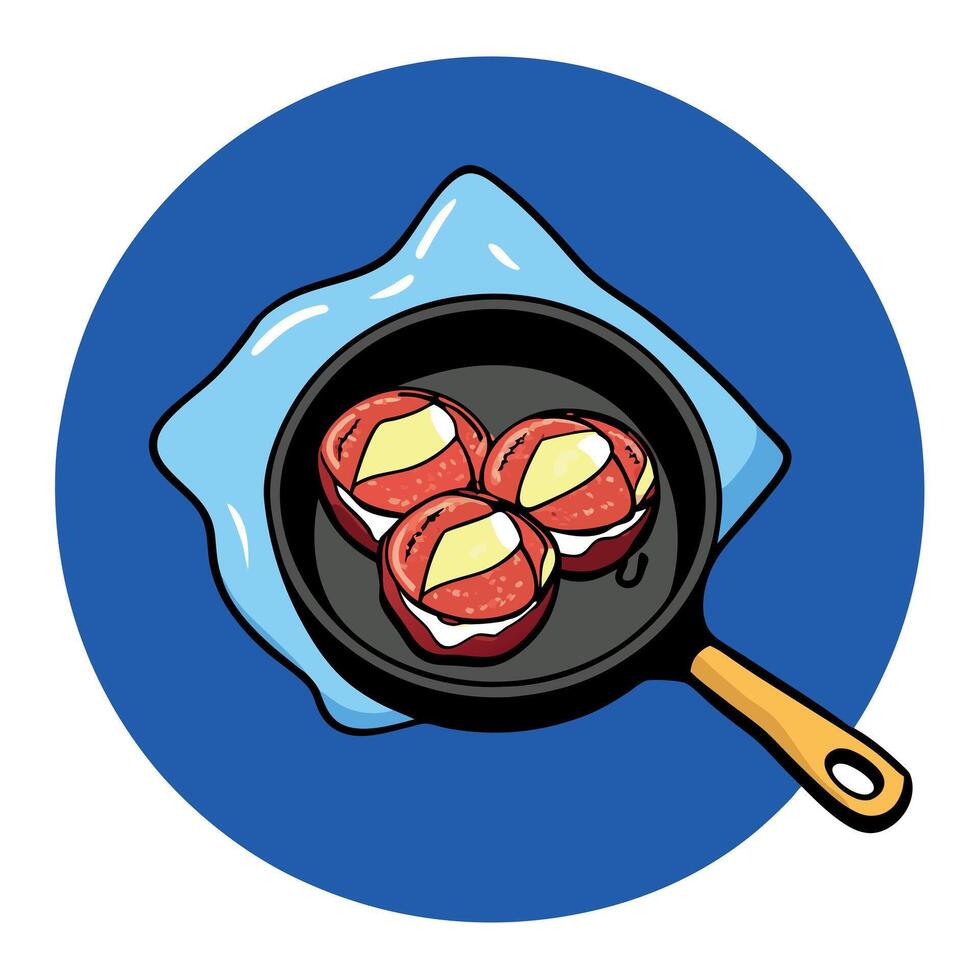 A cast iron skillet with bacon-wrapped filet mignon medallions. resting on a navy blue cloth. atop a vector