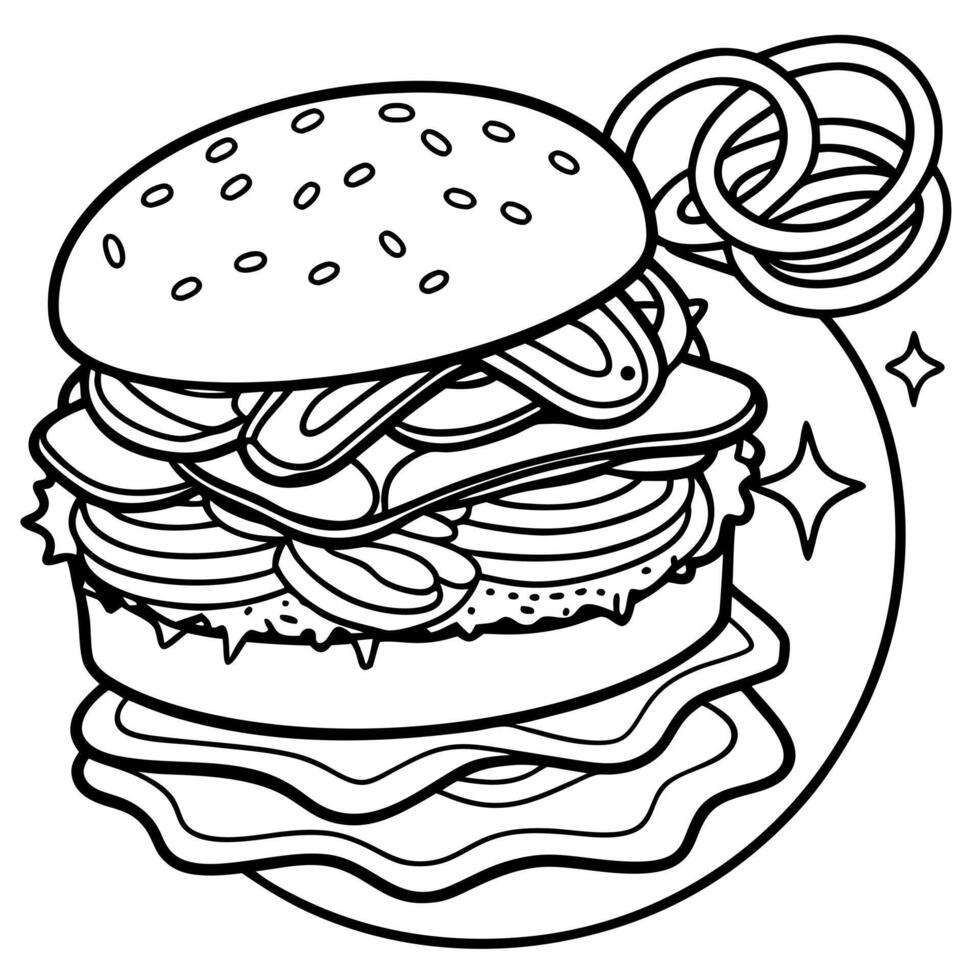 Double cheeseburger with bacon and onion rings. fast food restaurant background. realistic. vibrant vector