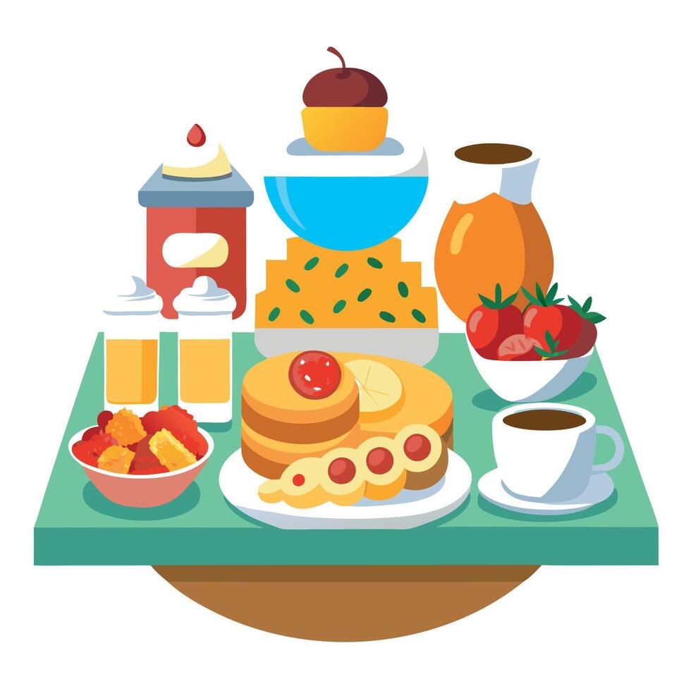 A wide assortment of breakfast foods presented on a buffet table. vector