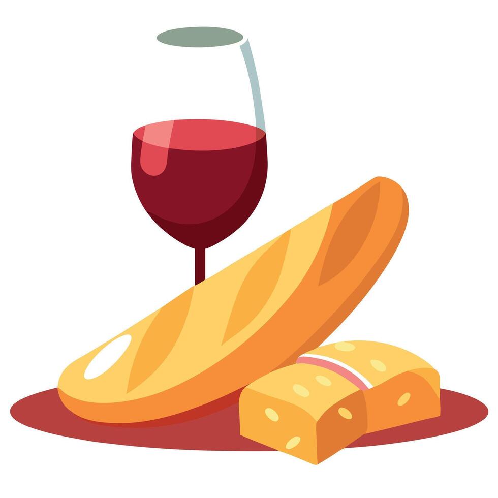 French baguette with ham and cheese served with a glass of red wine vector