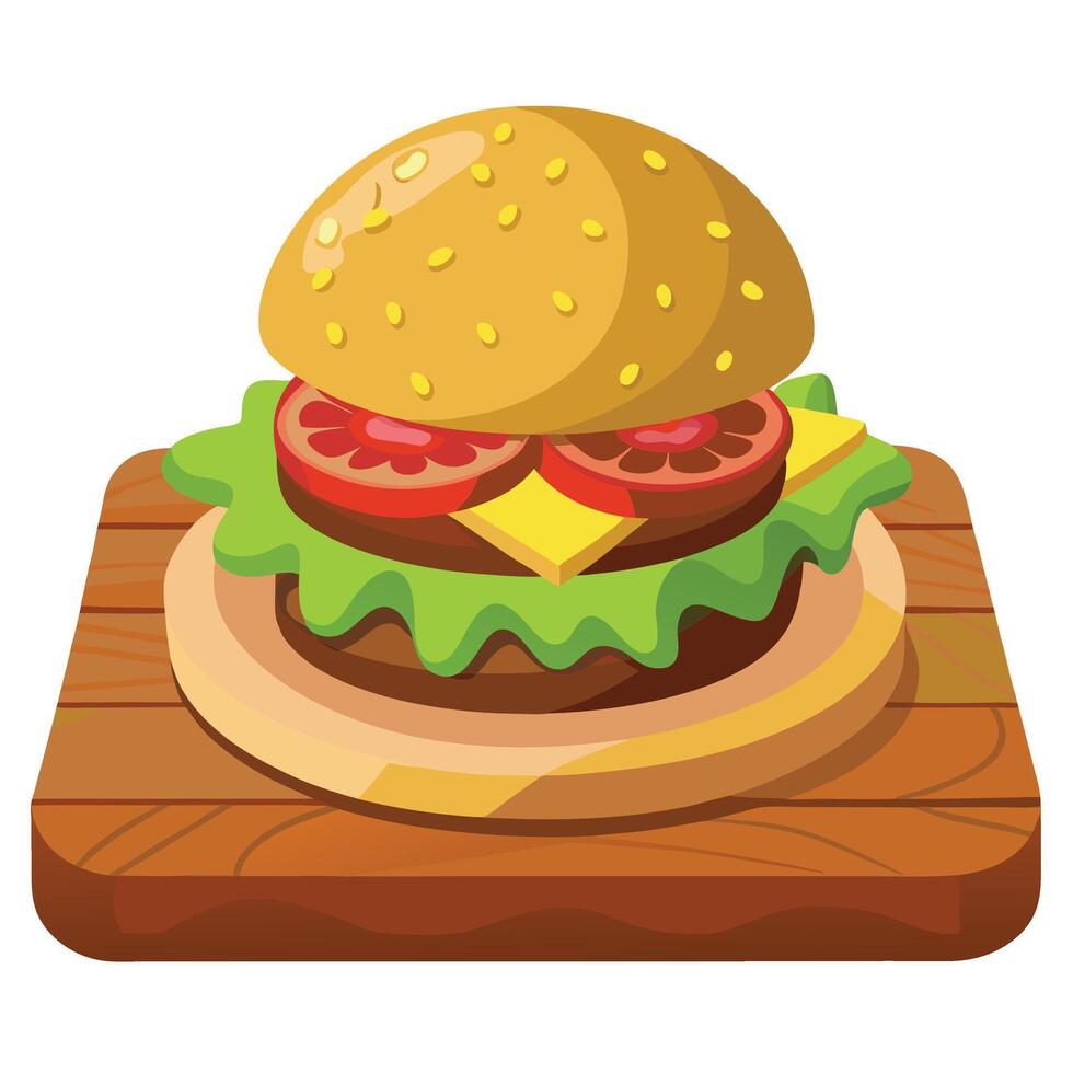 Close-up of juicy bacon cheeseburger with pickles on wooden board vector