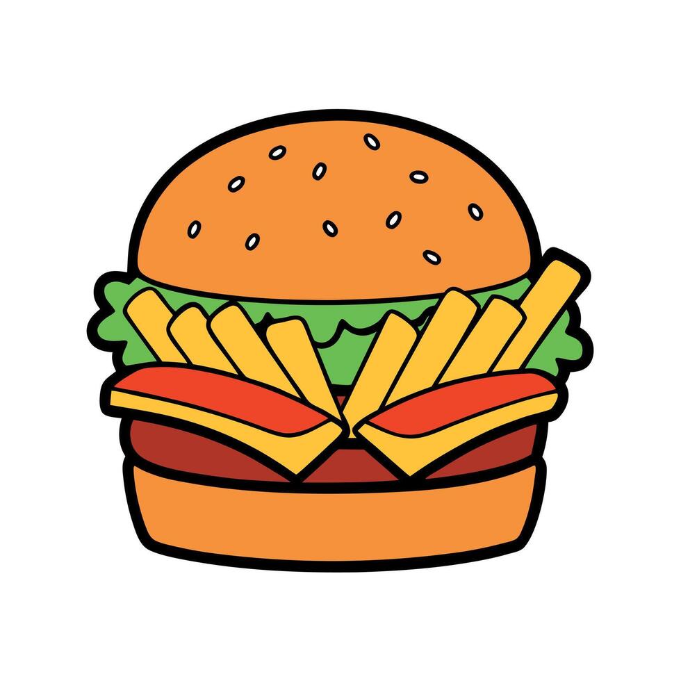 A spicy cheeseburger topped with pepper. melting cheddar cheese served with a side of golden French vector
