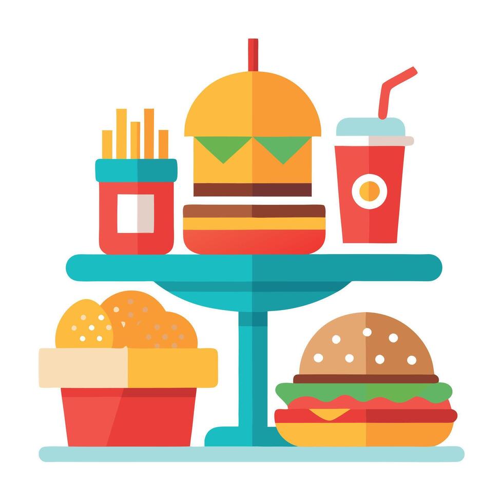 A table with a variety of food items including a hamburger. fries vector