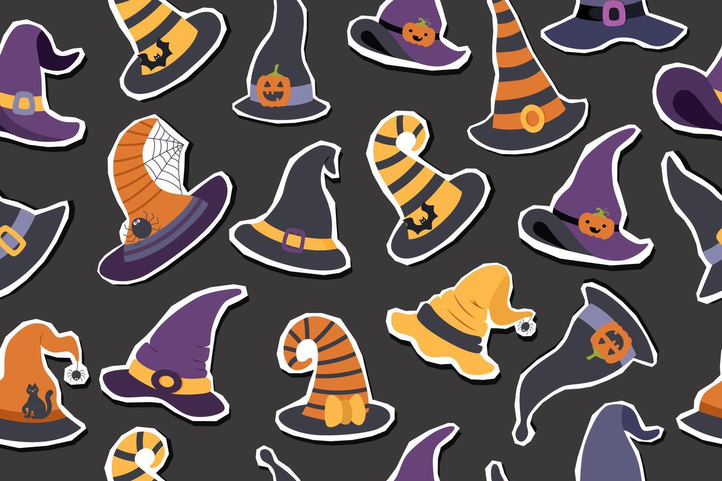 Halloween seamless pattern of witch hats stickers isolated on black background. Halloween concept. Halloween banner. vector