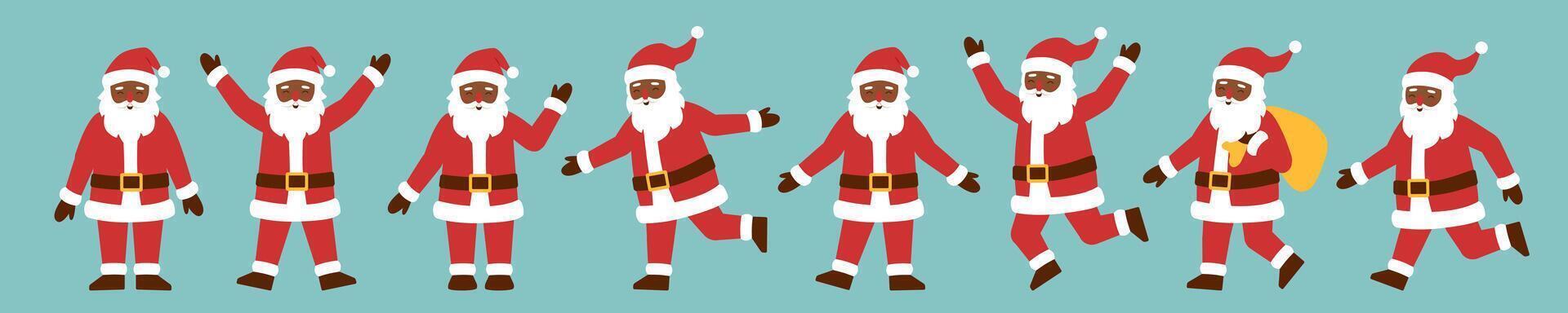 Set of Santa Clauses in different poses. Black skin Santa Claus. Christmas concept. vector