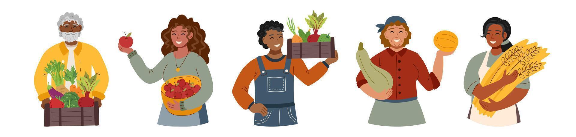Set of people with harvest in hands in flat style. Harvest, autumn, Thanksgiving concept. vector