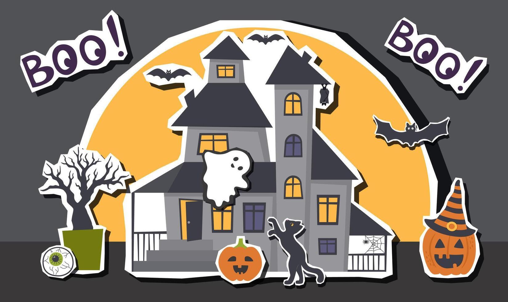 Halloween banner with Halloween house and elements stickers. Halloween background. Halloween concept. vector