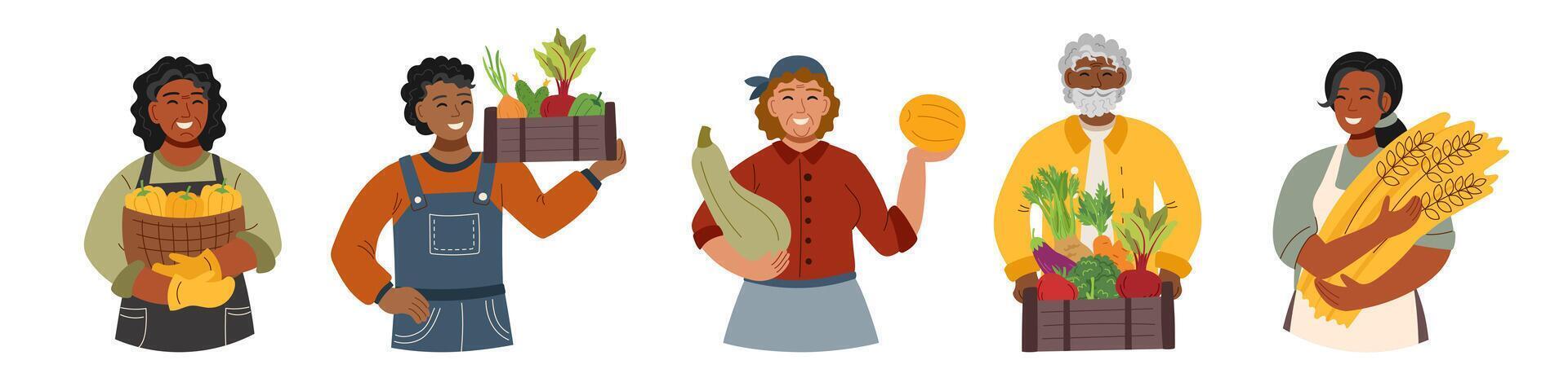 Set of people with harvest vegetables in flat style. Harvest, autumn, Thanksgiving concept. vector