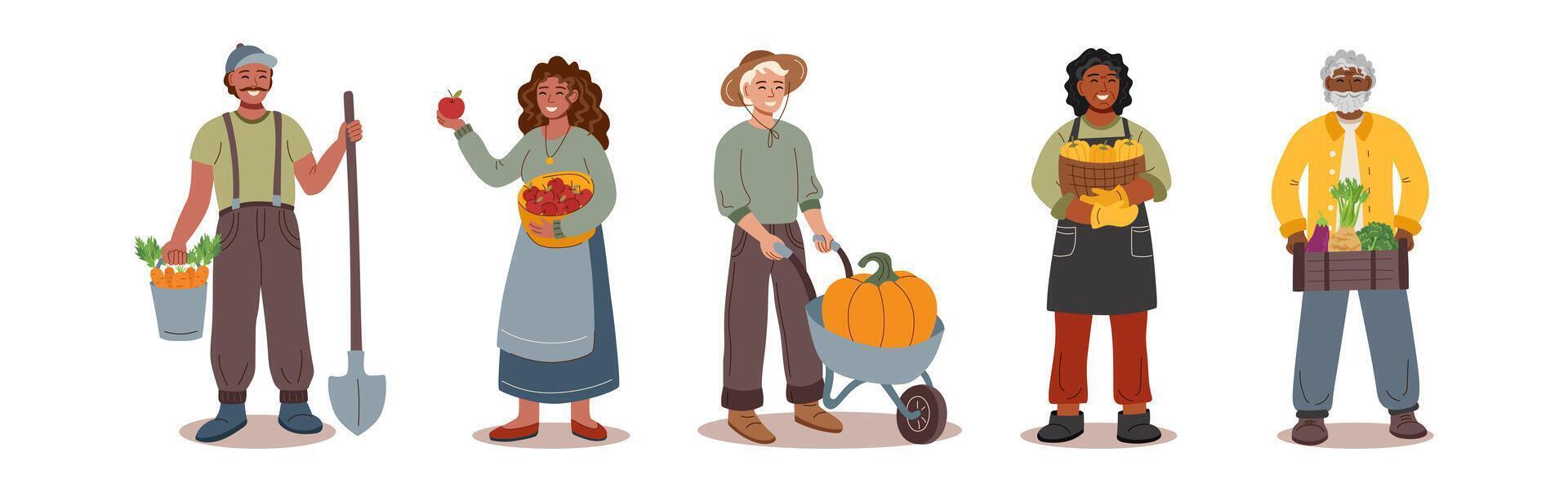 Set of people with harvest. Harvest, autumn, Thanksgiving concept. vector