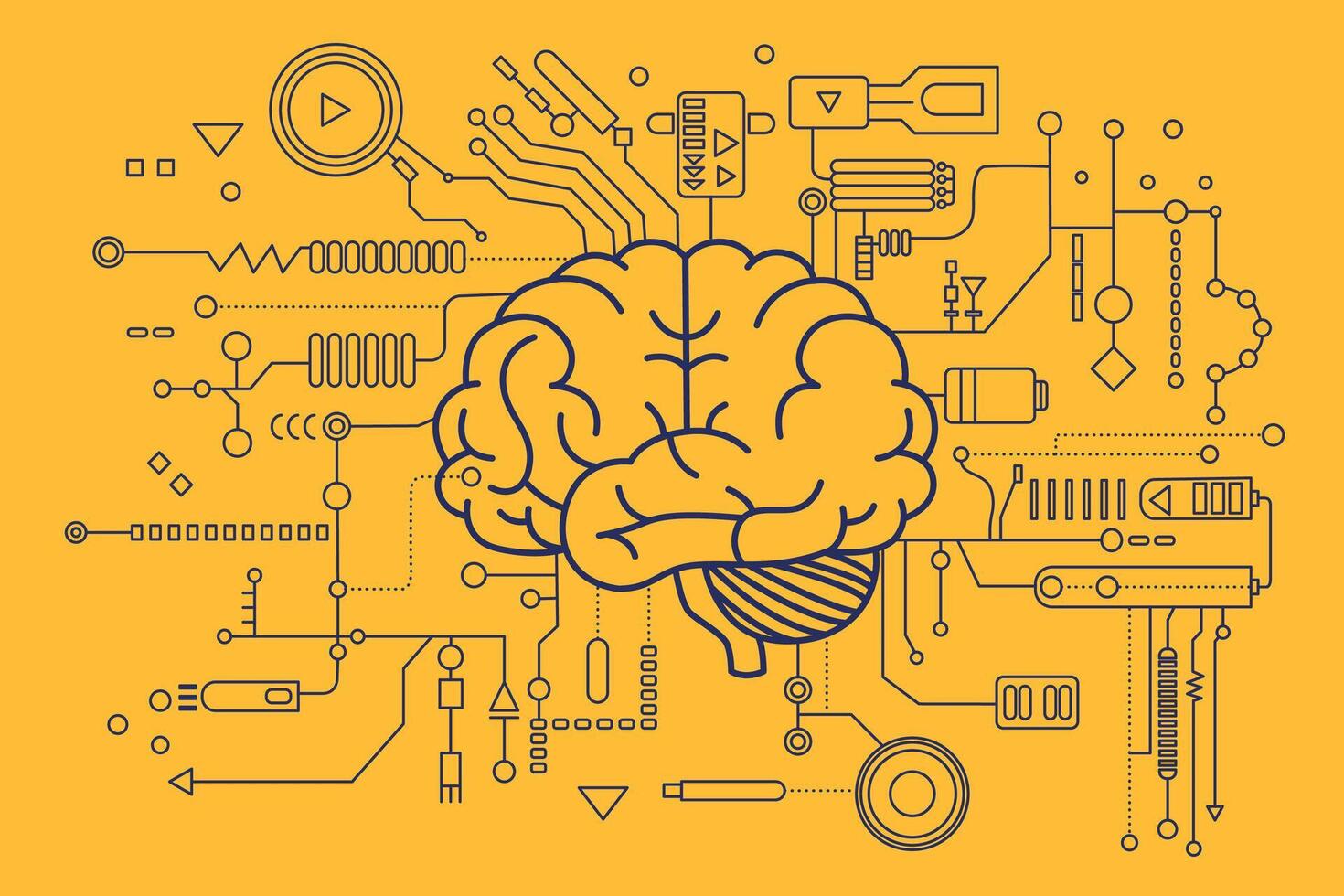 Artificial intelligence brain. Concept of Artificial Intelligence AI and Machine learning. Electronic digital brain, circuit board and human brain outline on yellow.. vector