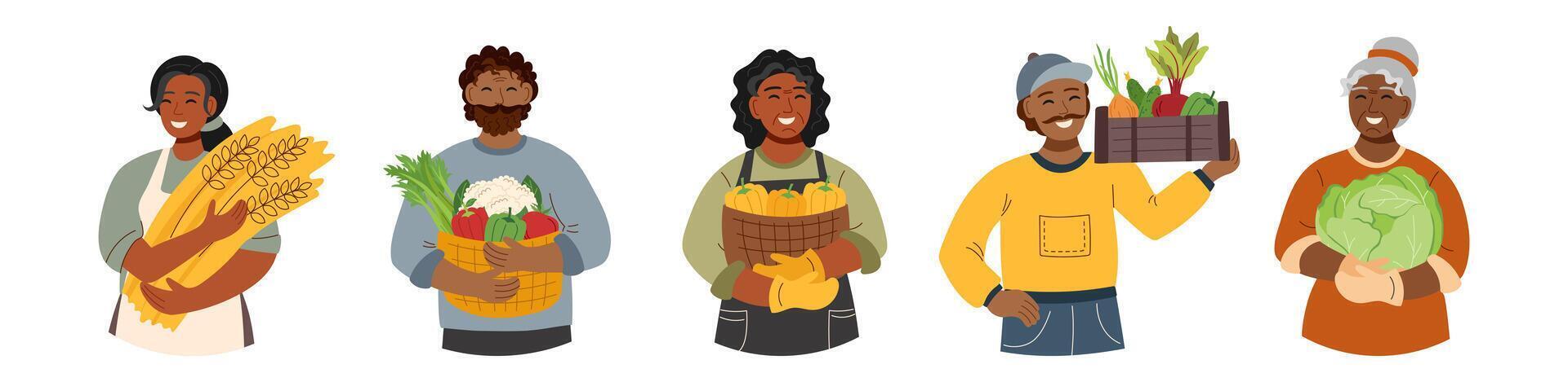 Set of people with harvest in flat style isolated. Harvest, autumn, Thanksgiving concept. vector