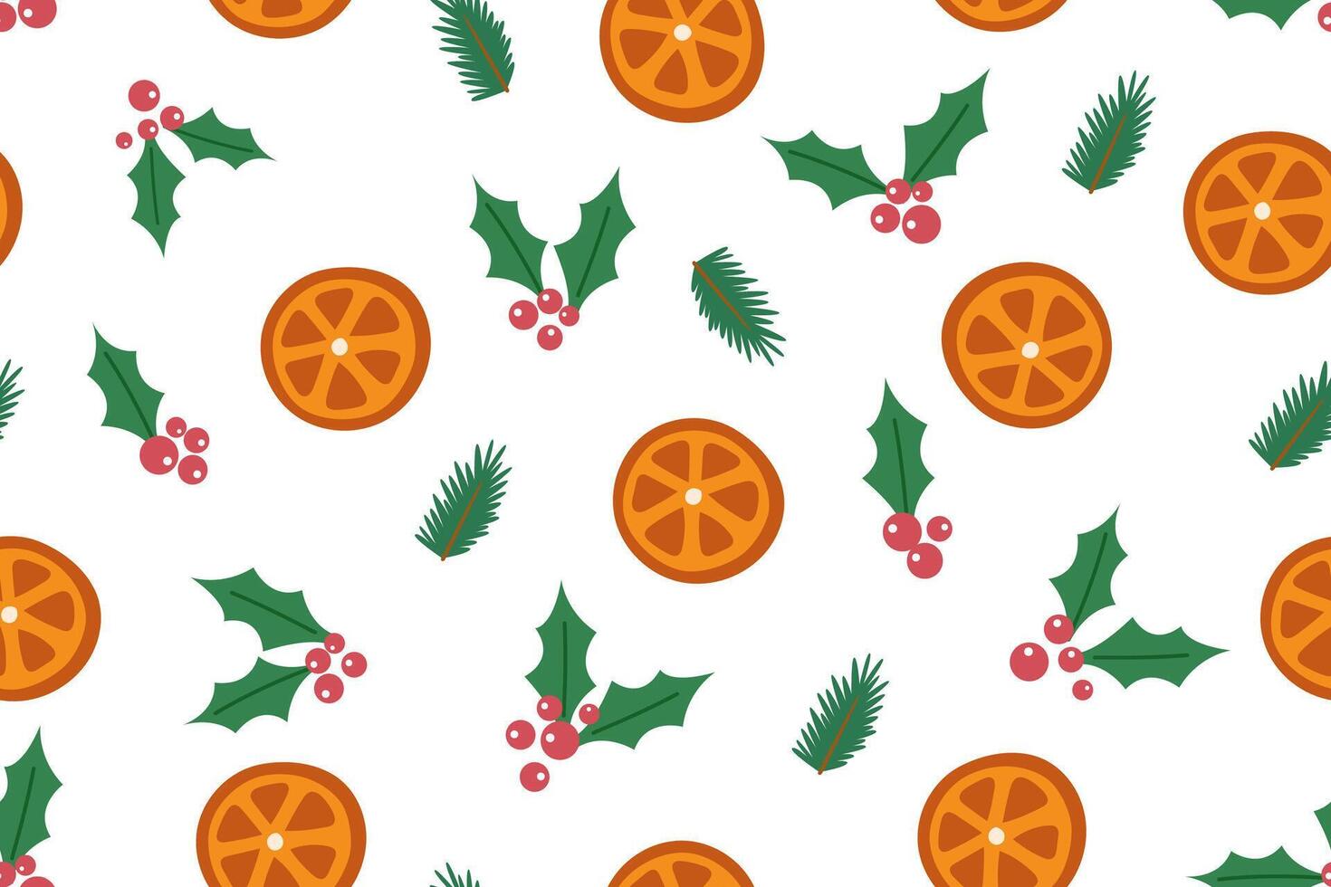 Christmas seamless pattern of Christmas decorations on white background. Christmas background with oranges, holly berries and twigs. vector