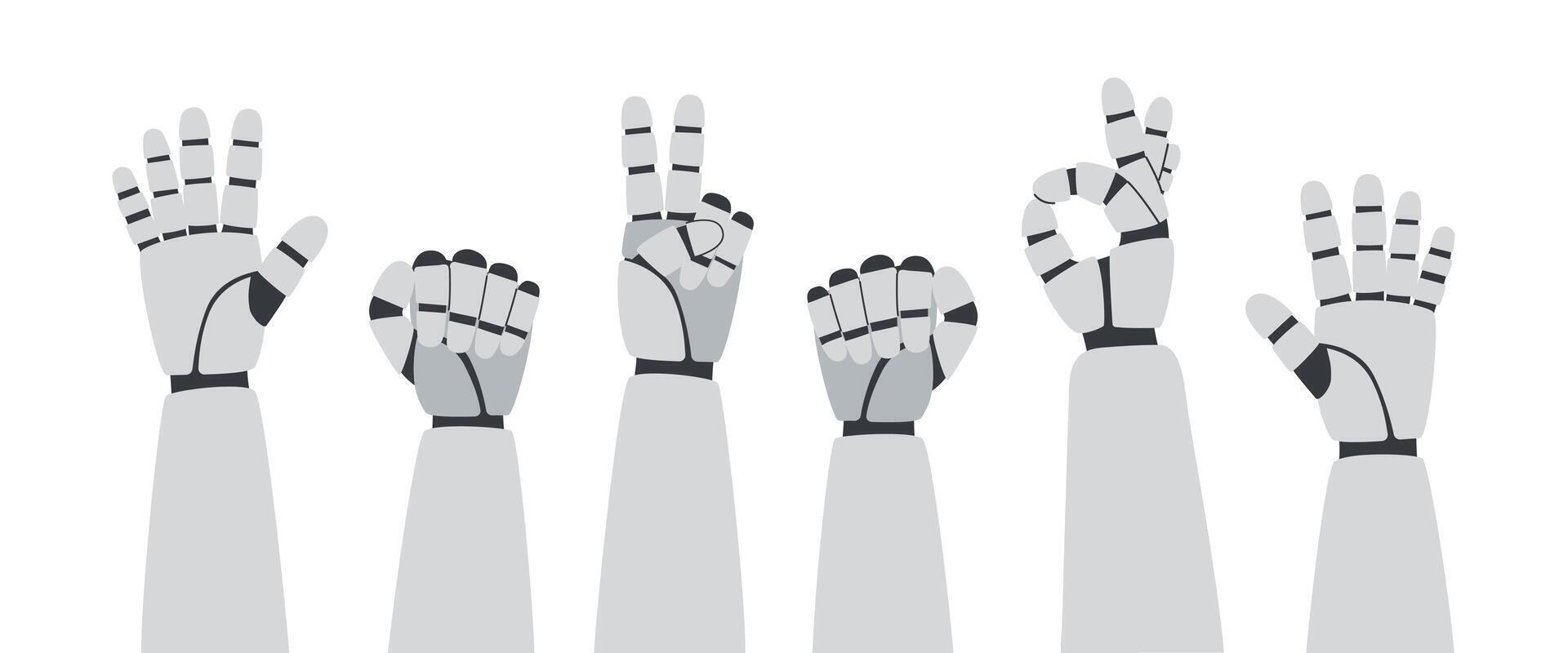 Technology concept. AI concept. Robots hands raised up with different gestures. vector