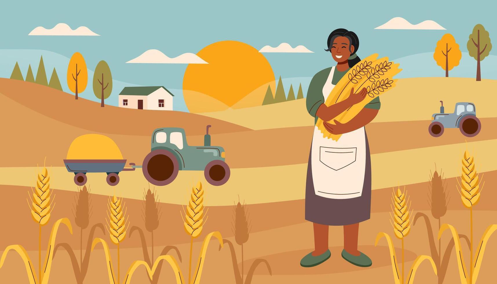 Harvest festival banner. Happy harvest poster. Autumn, harvest and Thanksgiving concept. Bread concept. Woman with wheat. vector