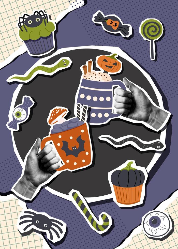 Halloween collage banner with Halloween sweets and mugs in human hands. Halloween background. Halloween concept. vector