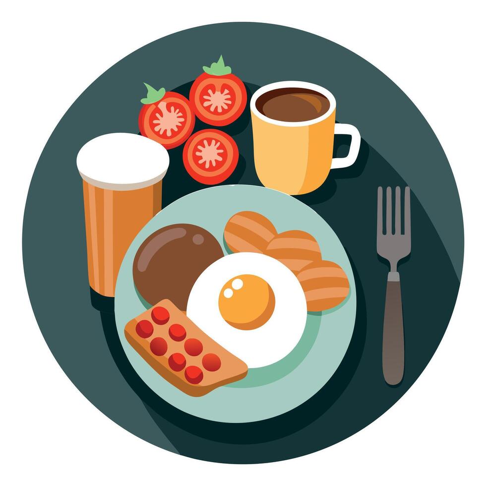 Breakfast with eggs, toast, coffee and tomato vector