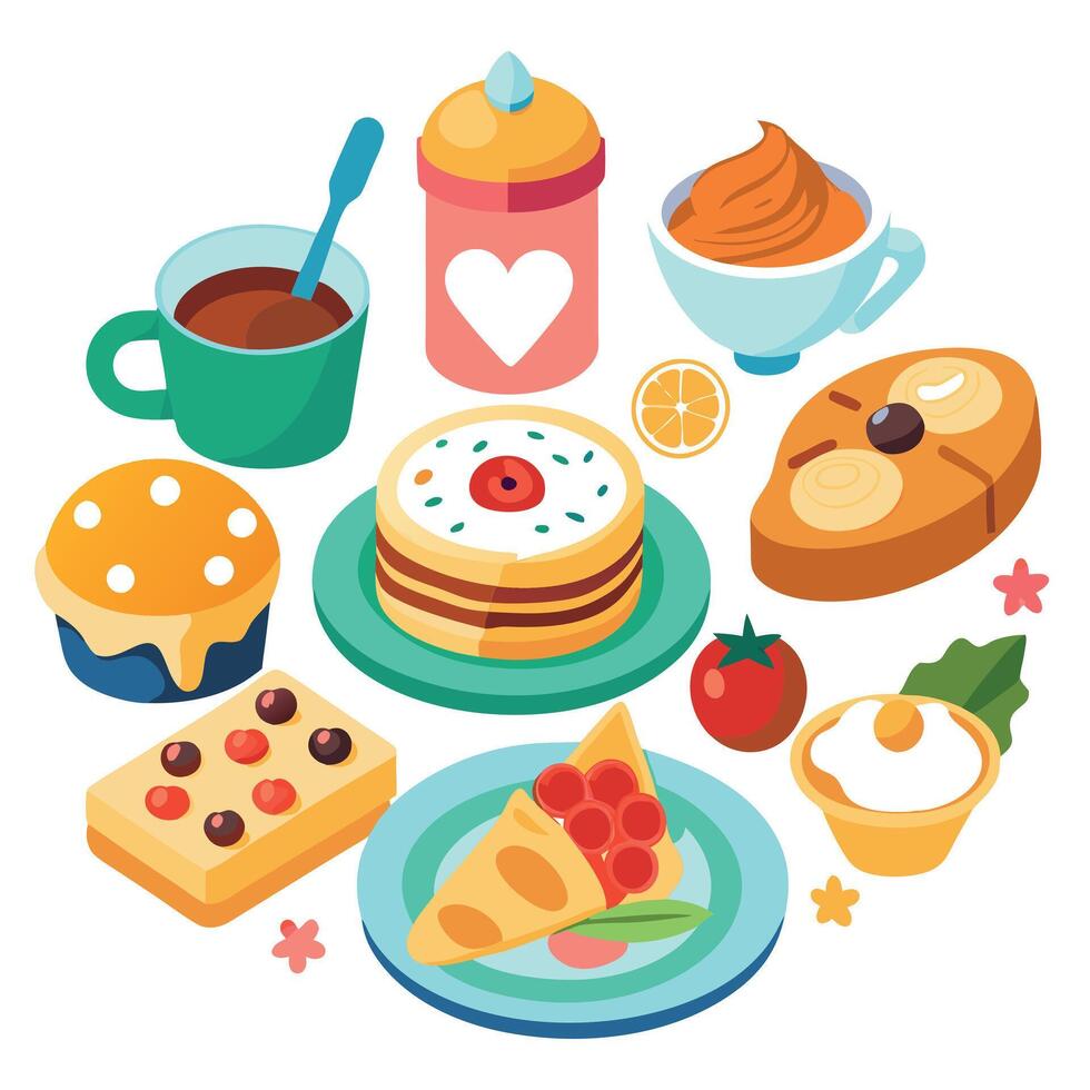 A variety of food items are arranged on plates vector