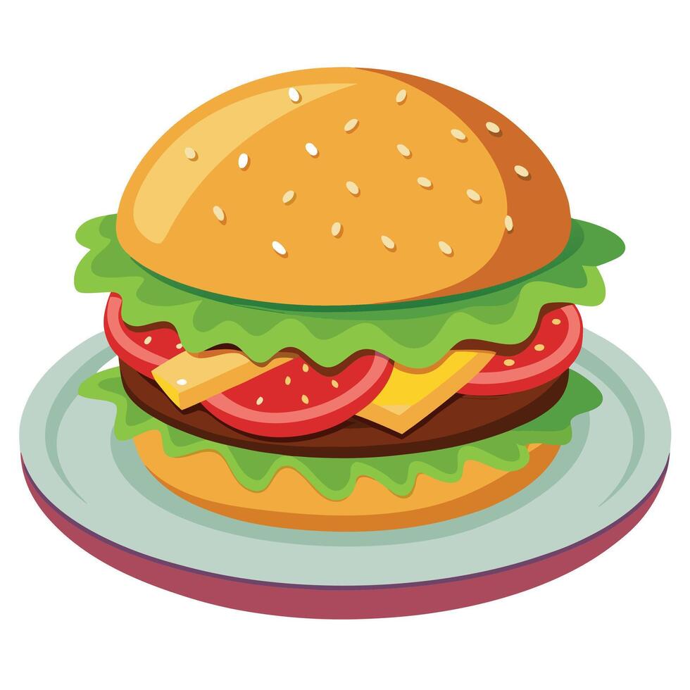 Classic Bacon Cheeseburger With Fresh Lettuce and Pickles on a Plate vector