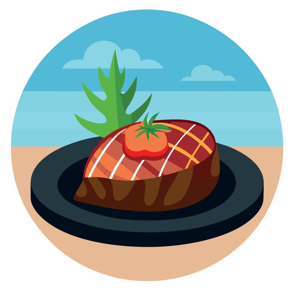 Steak on a plate with tomato and palm tree vector