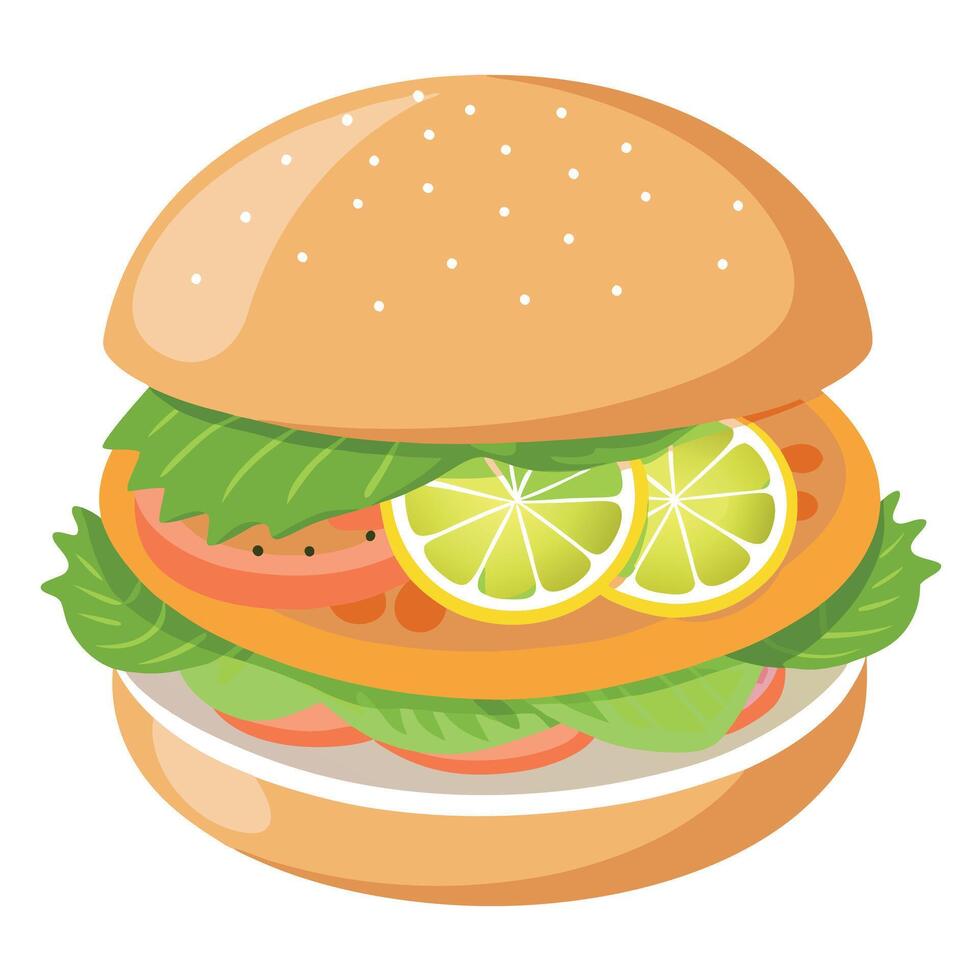 A hamburger with lettuce and tomato slices vector