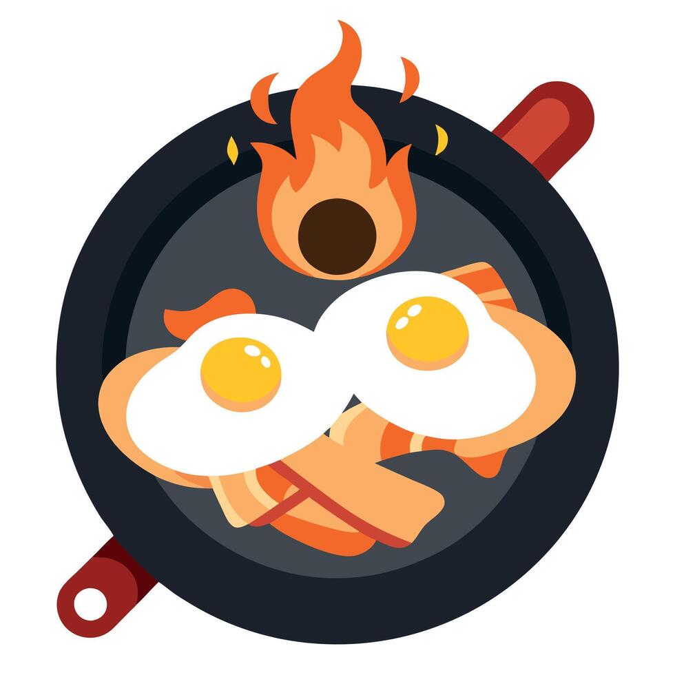 Delicious Sunny Side Up Eggs With Bacon in Cast Iron Pan on Campfire vector