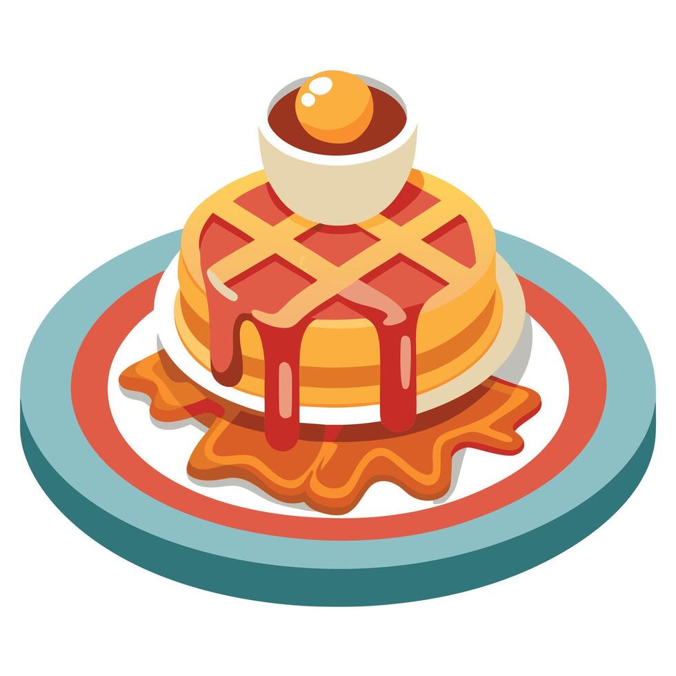 A platter of waffles atop a table. garnished with crispy bacon on top vector