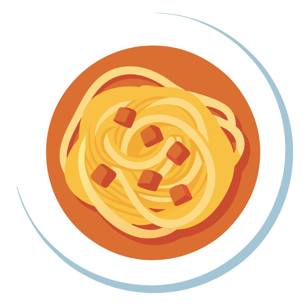 Close-up of a plate of spaghetti carbonara with bacon and grated cheese. vector