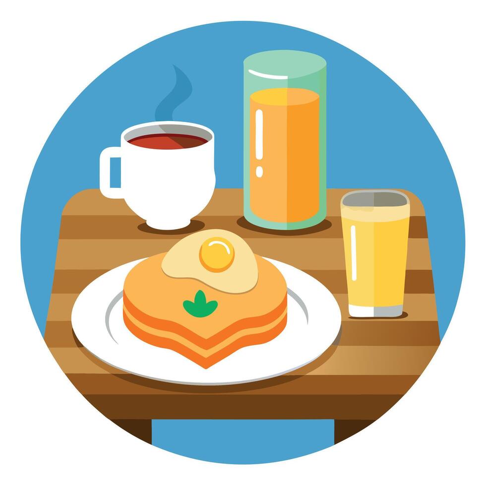 Breakfast with fried eggs. pancakes and orange juice on wooden table vector