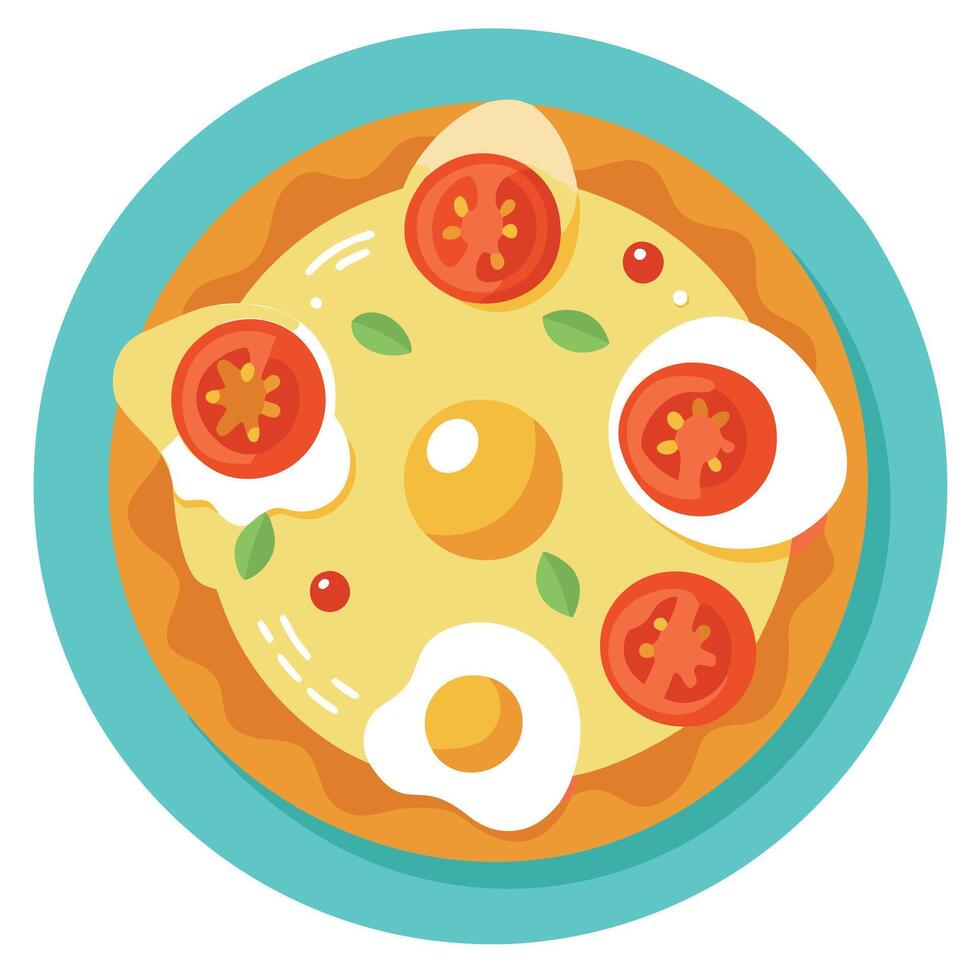 Pizza with eggs and tomatoes on top vector