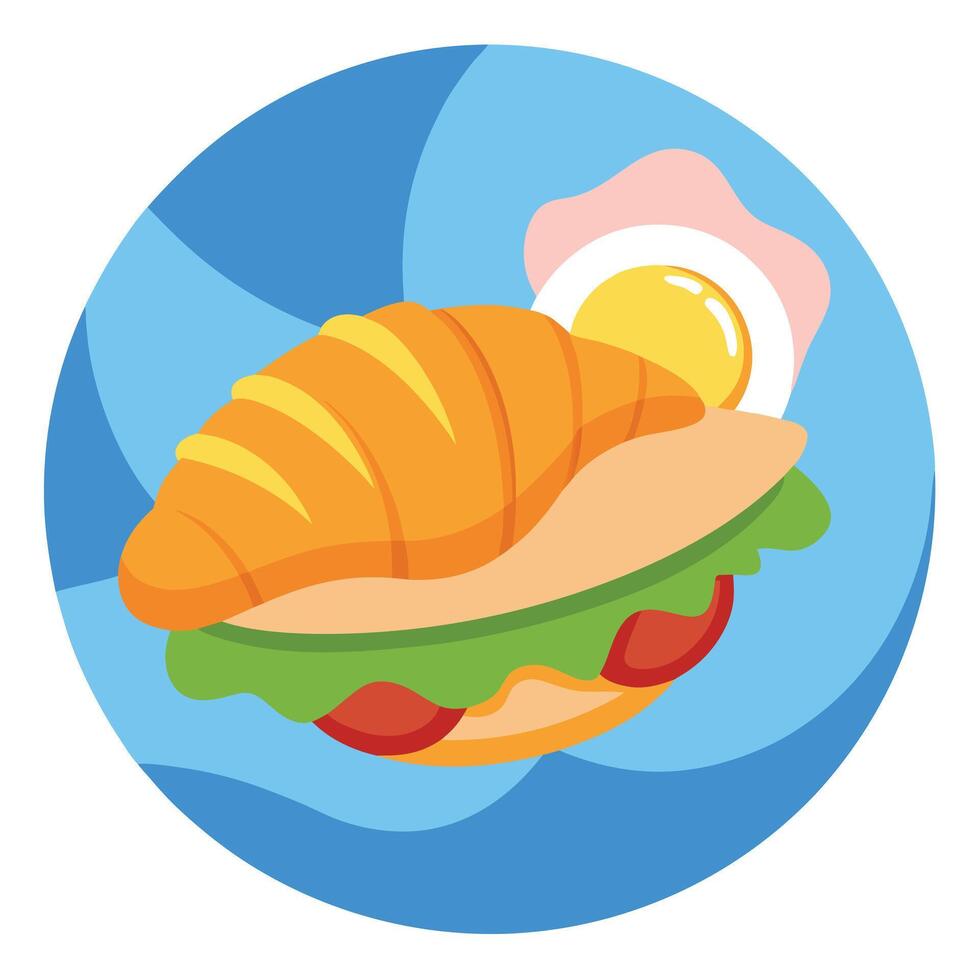 Croissant sandwich with ham. cheese and fried egg on blue sky background vector
